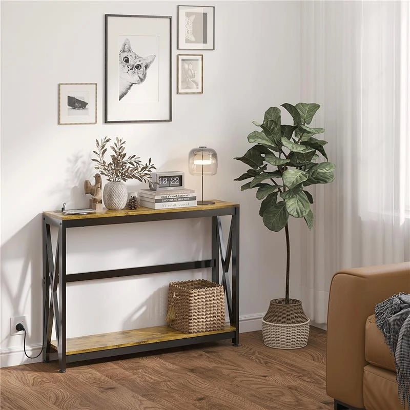 CONSOLLE DA INGRESSO STILE INDUSTRIALE CON PRESE DI CORRENTE E USB, LEGNO E ACCIAIO, 100X24X75CM, MARRONE