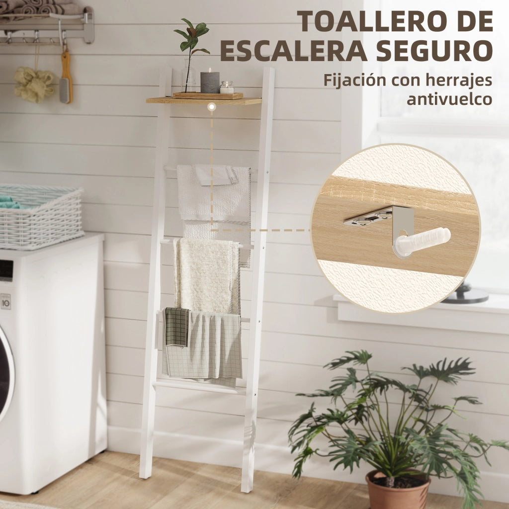 Scala Portasciugamani con Ripiano e 4 Barre ¨C zephmum ¨C Bianco e Rovere 43x20x151 cm