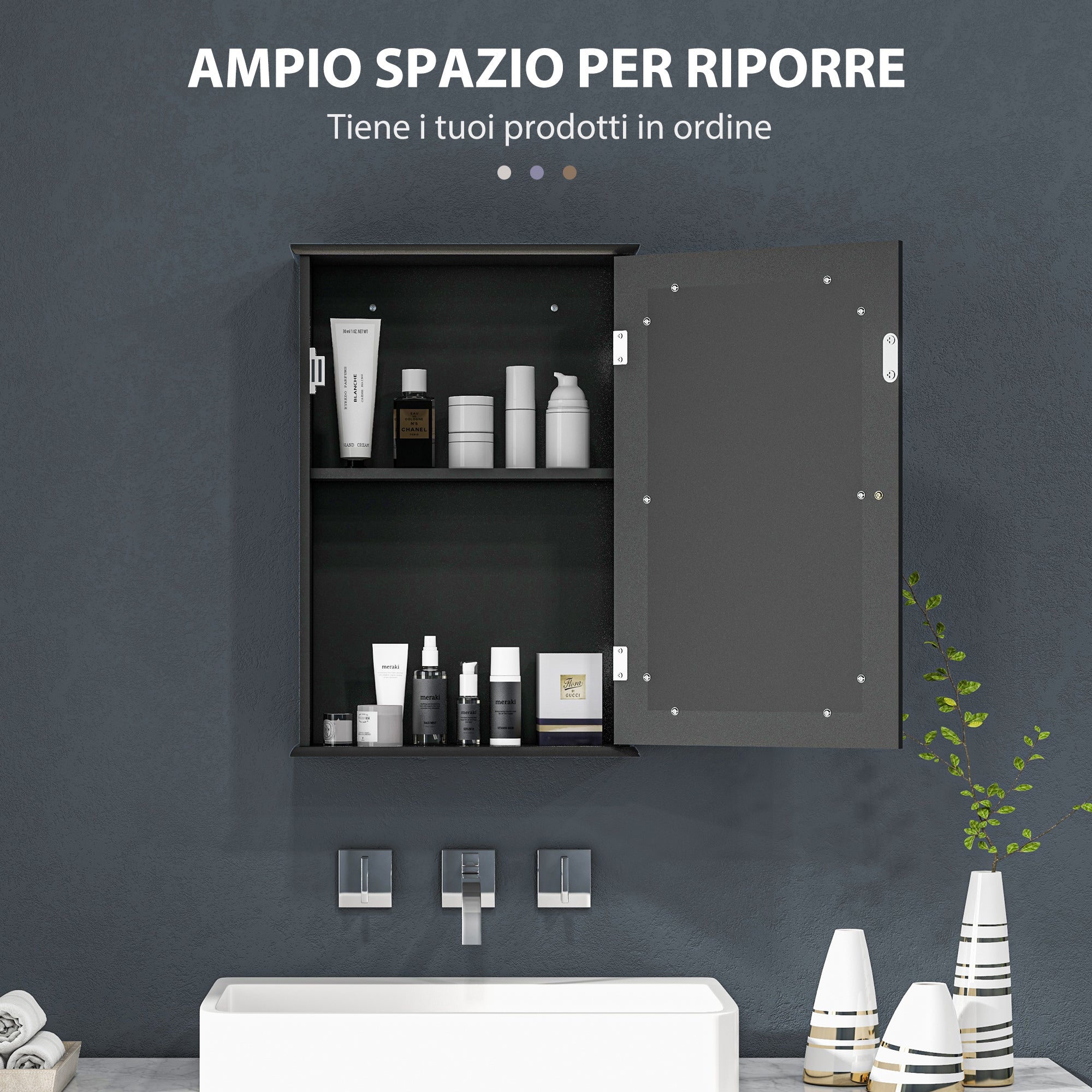 Mobile da Bagno Pensile con Specchio e Anta a Chiusura Magnetica 41x14x60 cm Nero