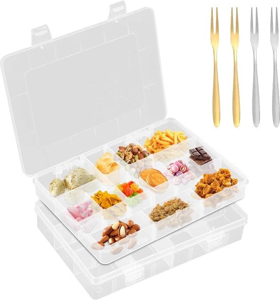 Scatola per snack con contenitori - 2 snackboard con coperchio - 36 contenitori - impermeabile - snack con scatola in plastica - organizzatore per snack - forchetta - caramelle - noci - frutta - snack
