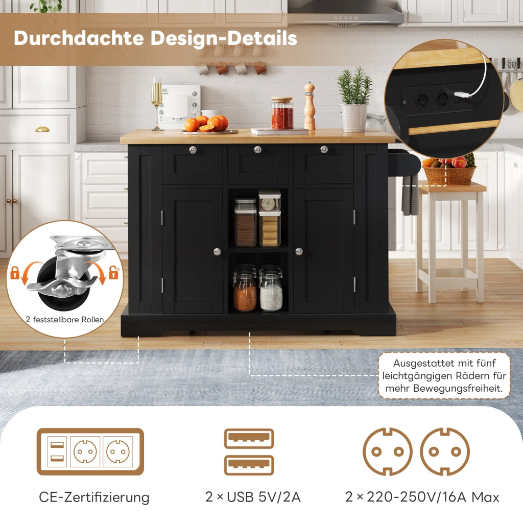 ISOLA DA CUCINA 132x40(70)x87 cm MDF Naturale e Nero con ruote e presa USB
