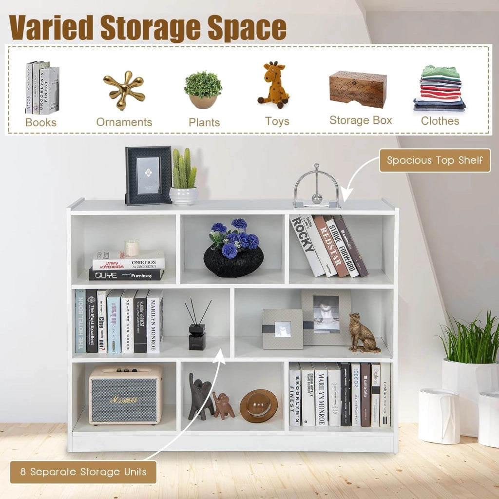Libreria Aperta, 7 armadietti di 2 diverse dimensioni, mobile portaoggetti in legno con gambe antiscivolo, per libri e giocattoli, (bianco, 122 x 32 x 93 cm) (LK09392FQES-KF)