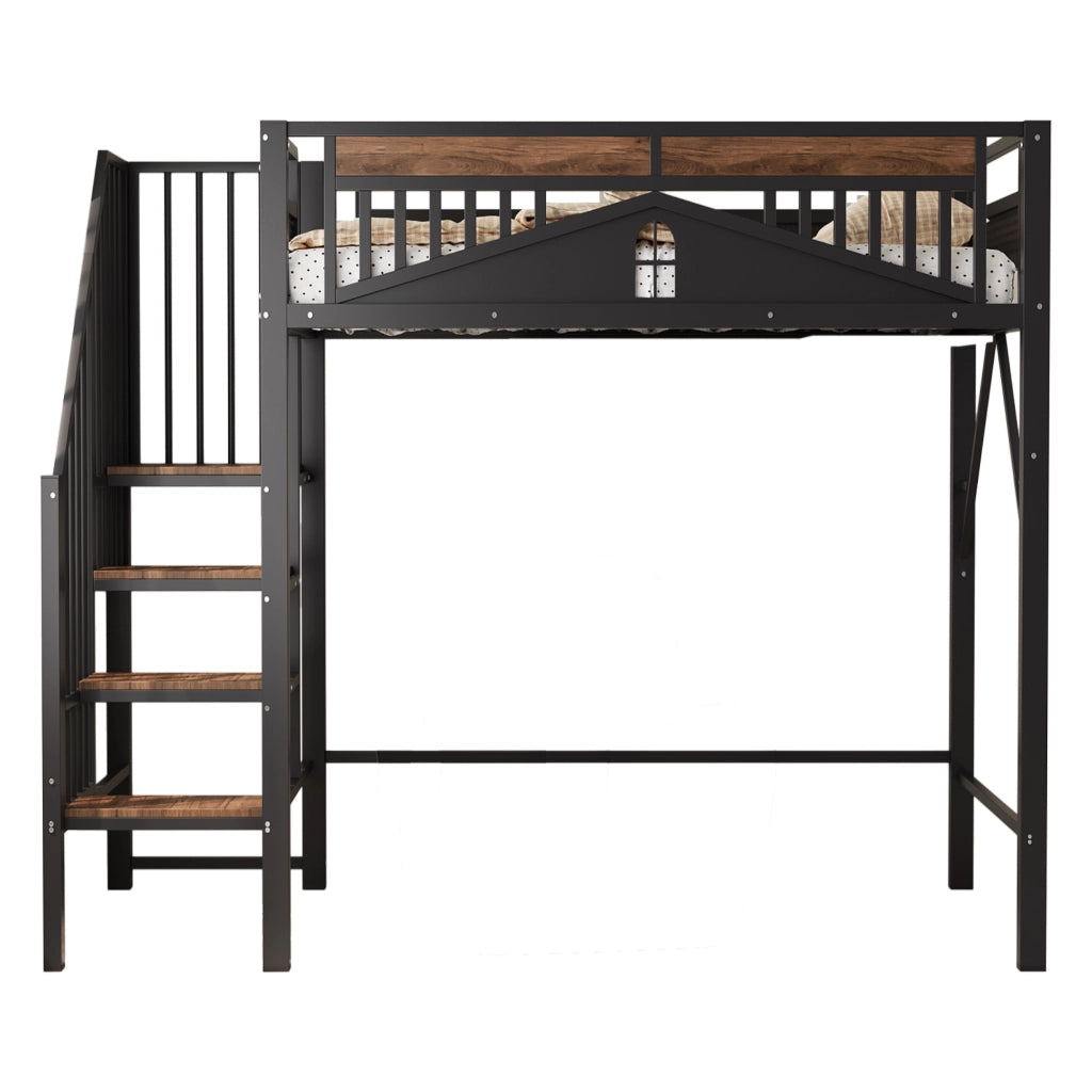 Letto a castello metallo e legno nero 90x200 cm con ringhiera