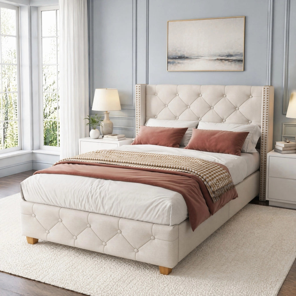 Letto imbottito 90x200 cm in lino beige con testiera capitonné e dettagli con borchie