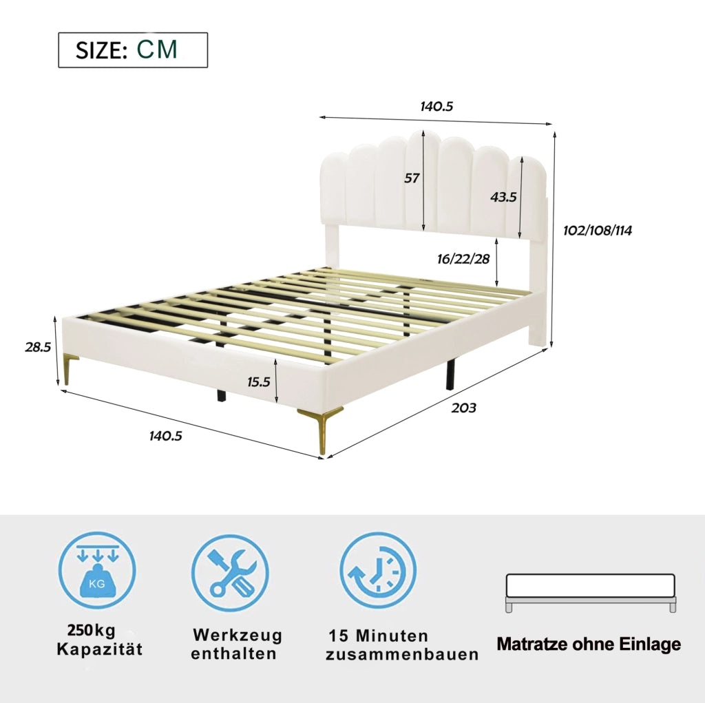 Letto matrimoniale imbottito 140 x 200 cm in velluto beige con testiera regolabile