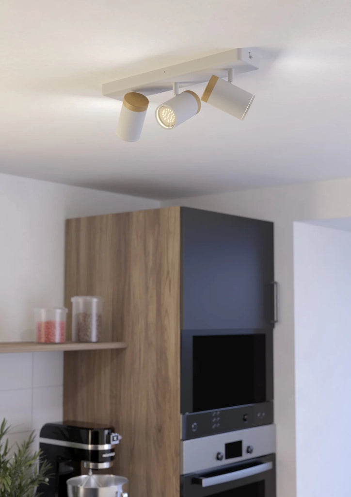 Faretti E Spot Moderno Consuma Metallo Bianco Legno Marrone 3 Luci Gu10 Ip44