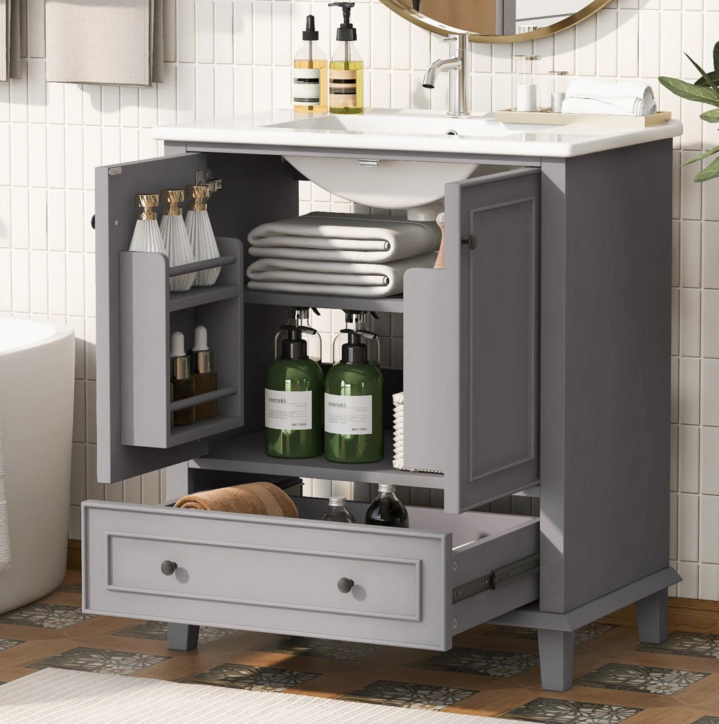 Mobile lavabo 76x46x87 cm in MDF e ceramica grigio con vano contenitore -