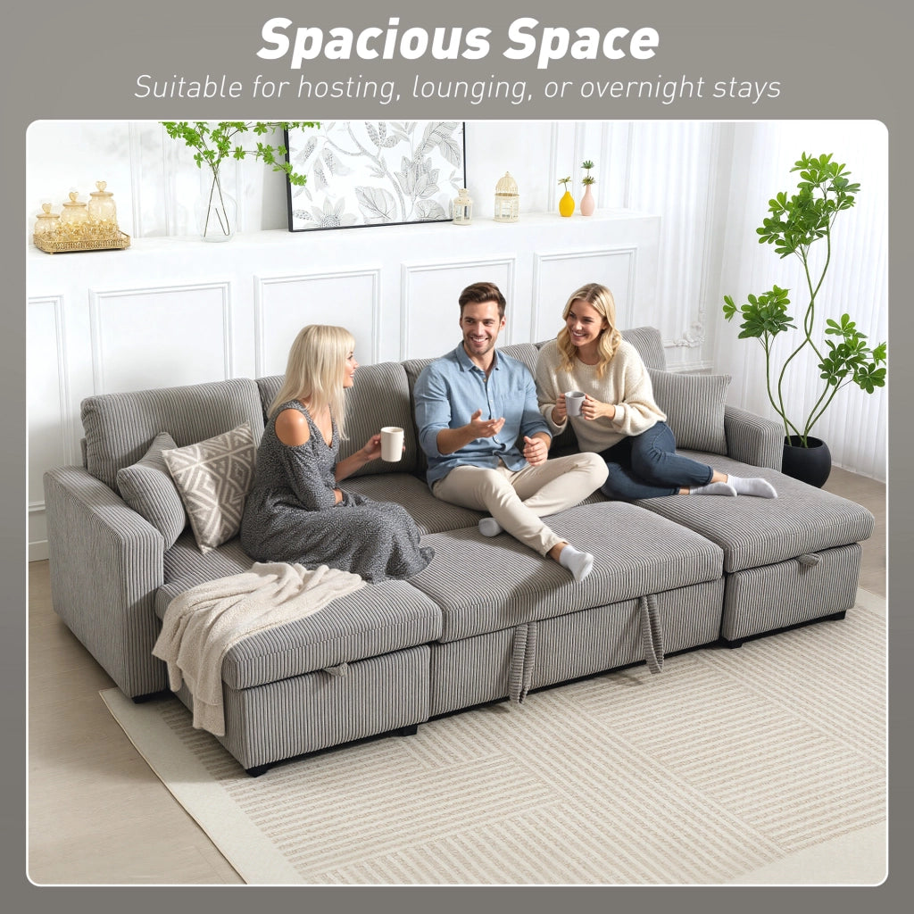Divano Letto Moderno a U 282x140x86 cm con 2 Chaise Longue e Vani Contenitore Velluto a Coste Grigio