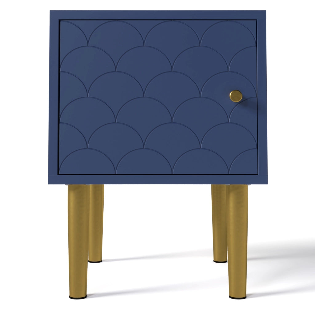 Comodino blu navy con ante a squame e gambe in metallo, 35 x 35 x 51 cm
