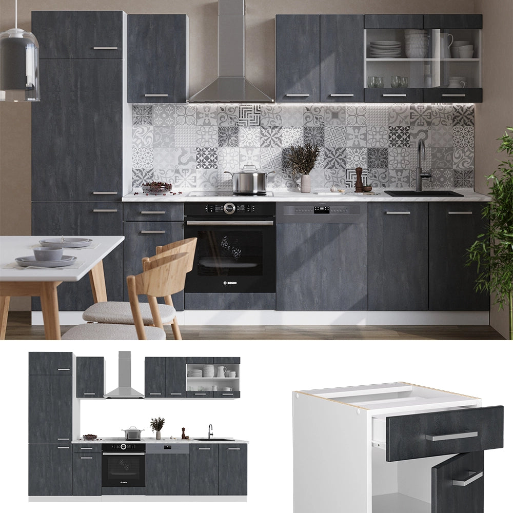 Vicco Cucina componibile Nero cemento/bianco 300 cm PL Marmo