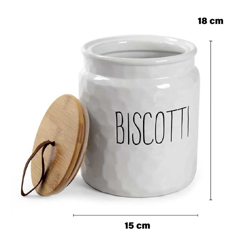 PORTA BISCOTTI MODELLO ONDULATO BIANCO CON TAPPO IN LEGNO 15 X 18 CM