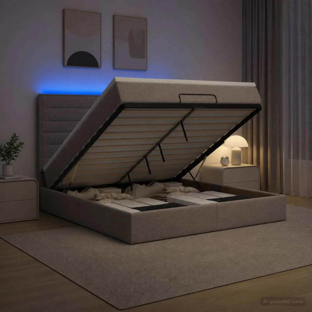 Letto Ottomano con Materasso e LED Tortora 140 x 190 cm Tessuto 3457990