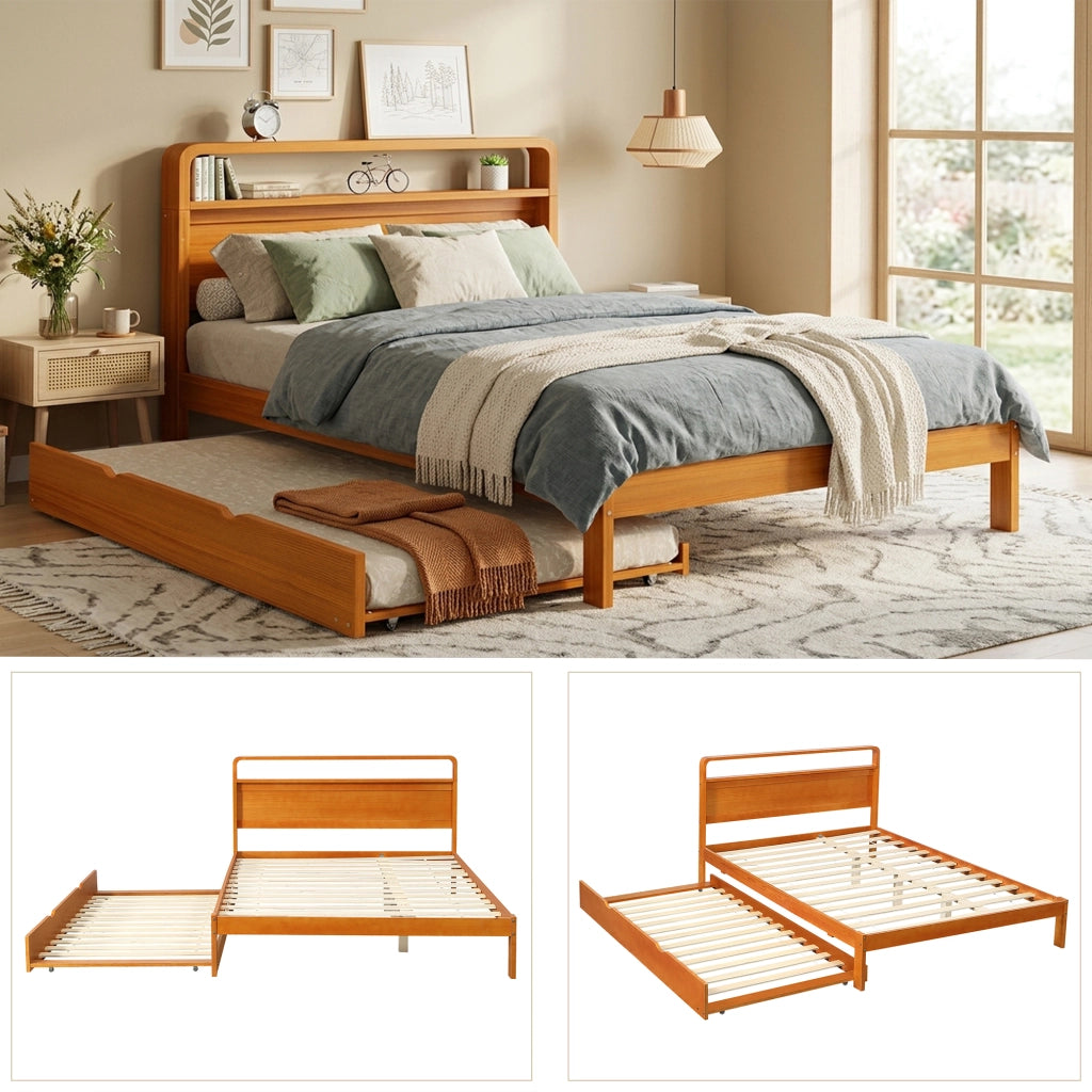 Letto estraibile 140 × 200 cm e 90 × 190 cm con letto ospite, testiera arrotondata, senza materasso, legno naturale