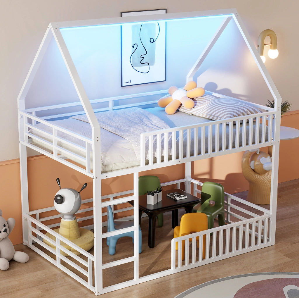 Letto a castello a casetta 140x200 cm in metallo bianco con LED