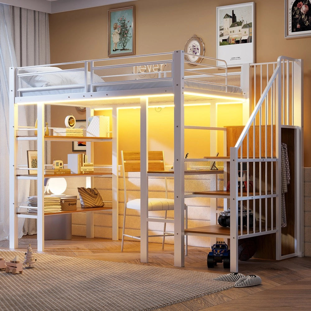 Letto a Soppalco Singolo con LED, Scaffale e Presa ¨C Xylo ¨C Bianco 90x200