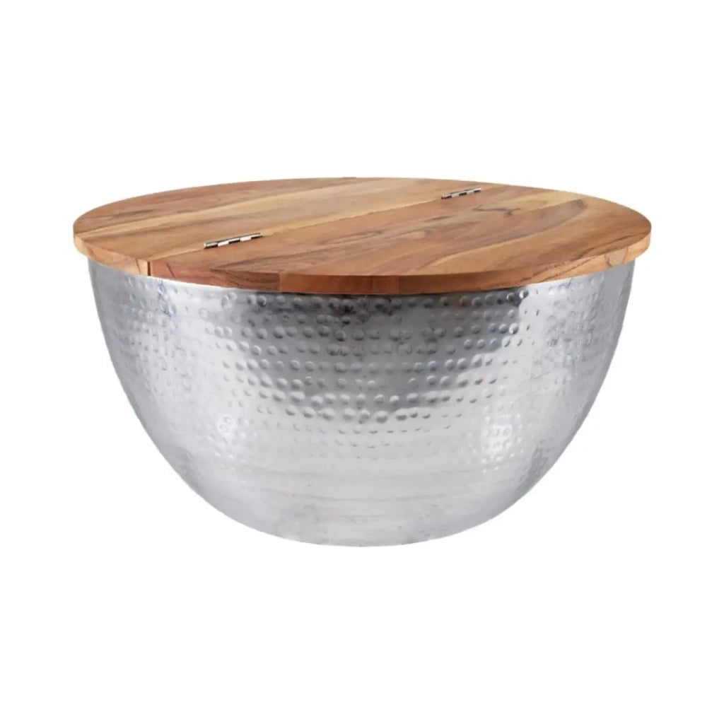 Table bassa TRIANE 60 cm con contenitore – Piano in legno di acacia e struttura in metallo argento martellato
