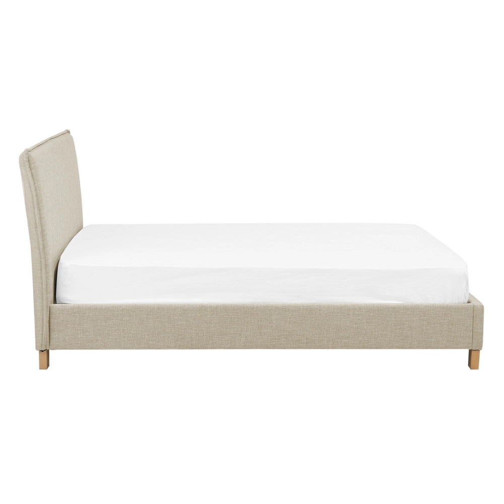 Letto rivestimento in tessuto beige Gambe in legno Dimensioni doppie 140 cm 6 a doghe con testiera Stile scandinavo minimalista