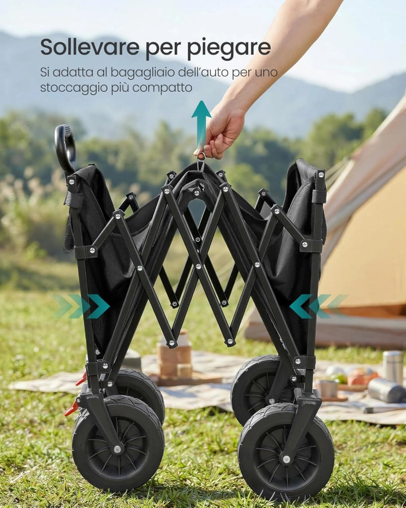 SONGMICS Carrello Pieghevole, Carrello da Giardino, con Manico, 4 Ruote Rinforzate di cui 2 Universali, per Esterni, Giardino, Portante di 180 kg, 200 L, Nero Inchiostro GFW201B101