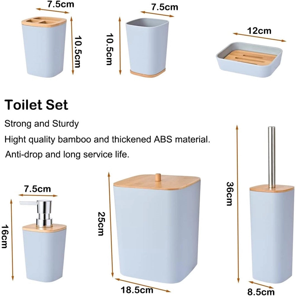 Trade Shop - Set Accessori Bagno In Bambù 6 Pz Moderno Bidone Spazzatura Portasapone Dispenser - Grigio