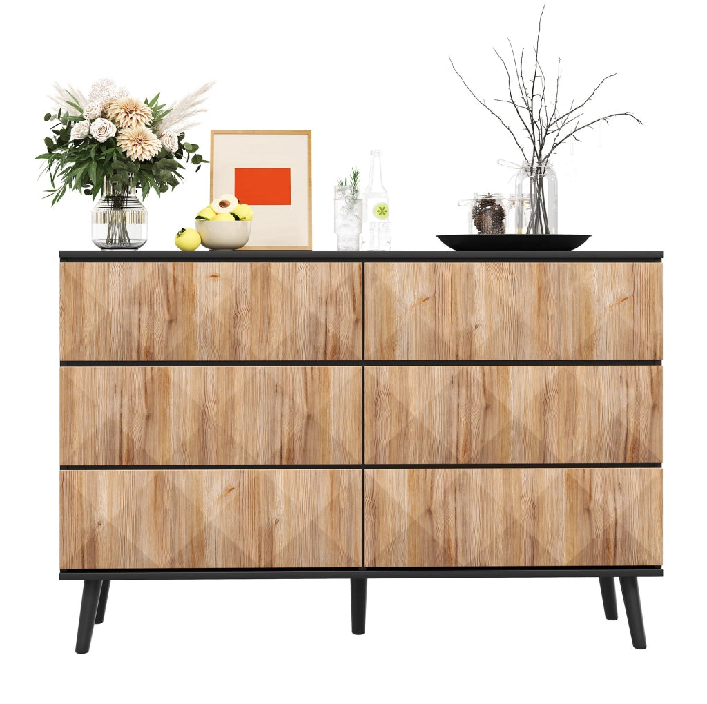 Sideboard moderno 120x40x85 cm con 6 cassetti; finitura naturale e nero; in MDF e truciolare