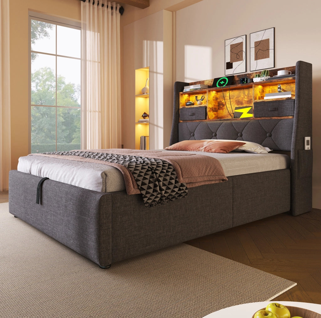 Letto imbottito 90 x 200 cm con LED, USB e vano contenitore