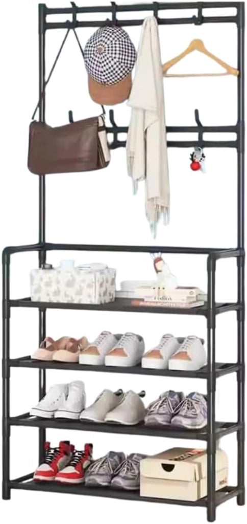 Appendiabiti Ingresso con Scarpiera a 4 Ripiani, Attaccapanni Salva Spazio Porta Abiti Autoportante H150 cm, Stile Vintage Nero per Salotto e Corridoio.