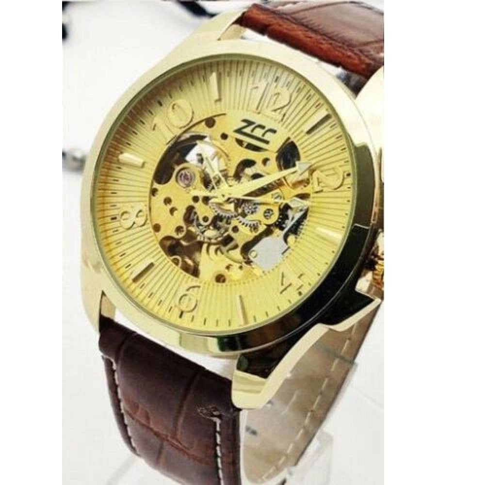 Trade Shop - Orologio Da Polso Zcc Uomo Automatico Cinturino Pelle Moda Casual Marrone Dorato -