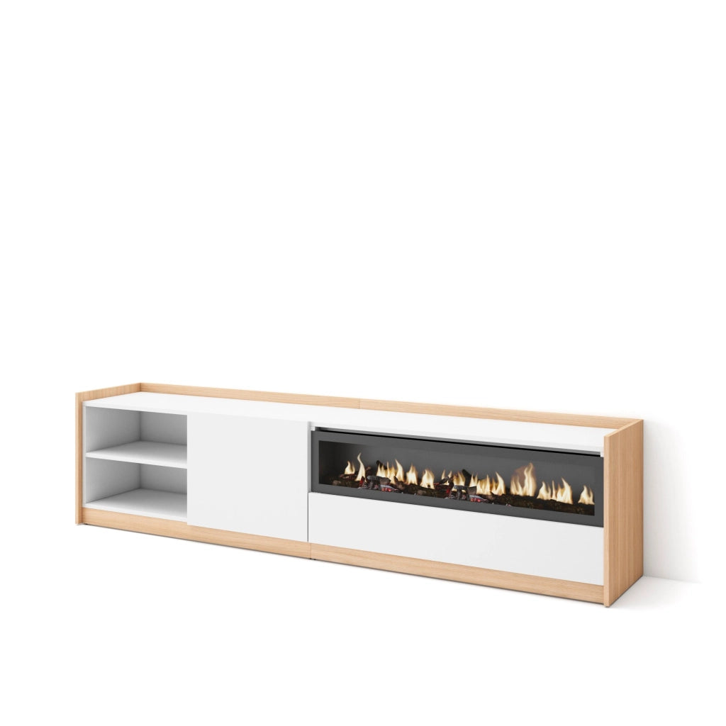 Mobile TV Soggiorno, 207x50x37 cm, Per TV fino a 80", Camino elettrico, Bianco e Rovere soft