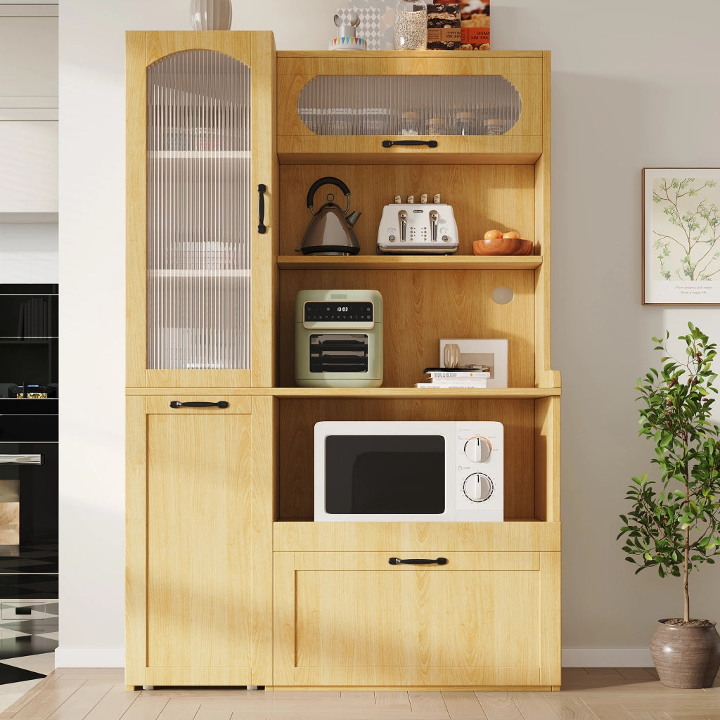 Credenza alta con ripiani regolabili e cassetto, ante in vetro rigato per cucina, in MDF naturale, 98 × 40 × 177 cm