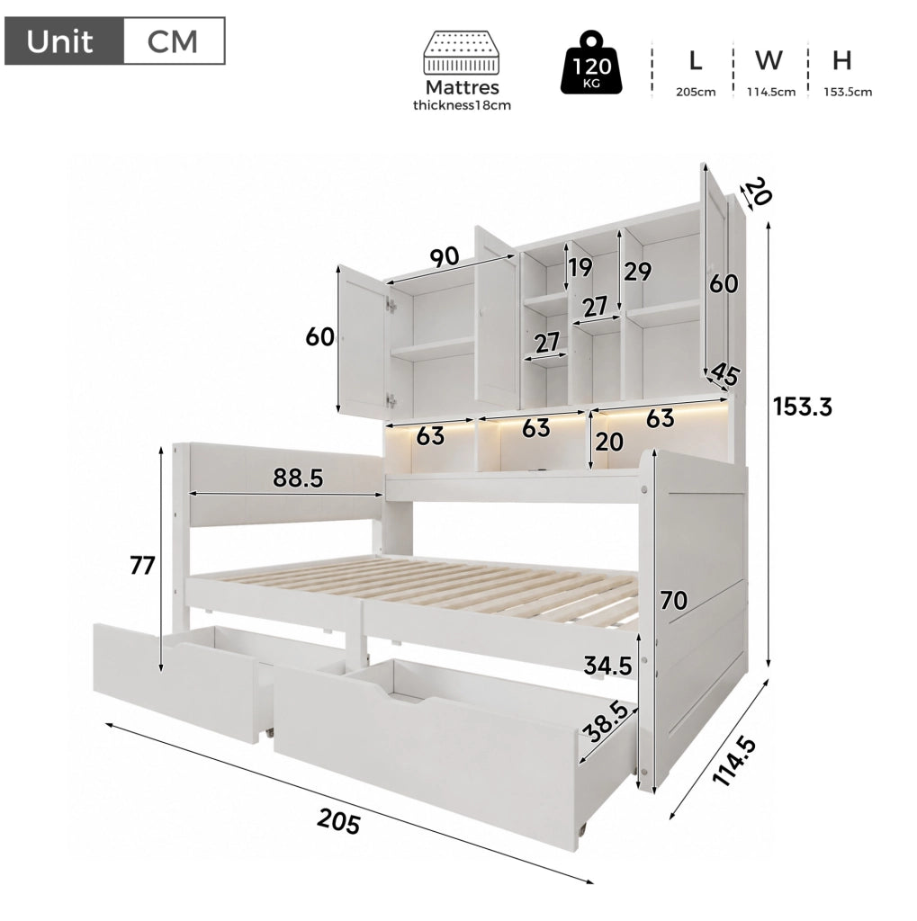 Letto 90x200 con contenitore, LED, USB e testiera imbottita