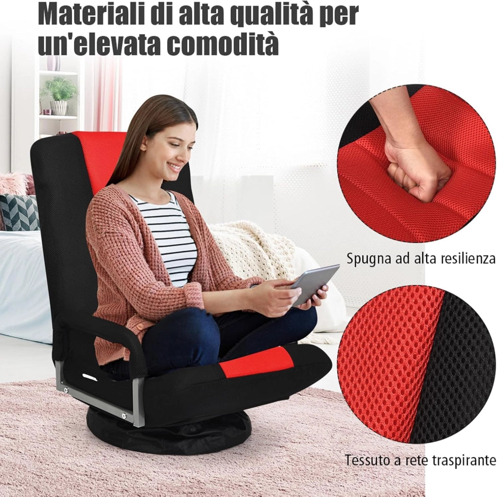 Poltrona Relax da Pavimento, Sedia da Pavimento Pieghevole, Sedia da Terra Girevole a 360°, per Salotto Camera da Letto, Portata 140 kg (Rosso)