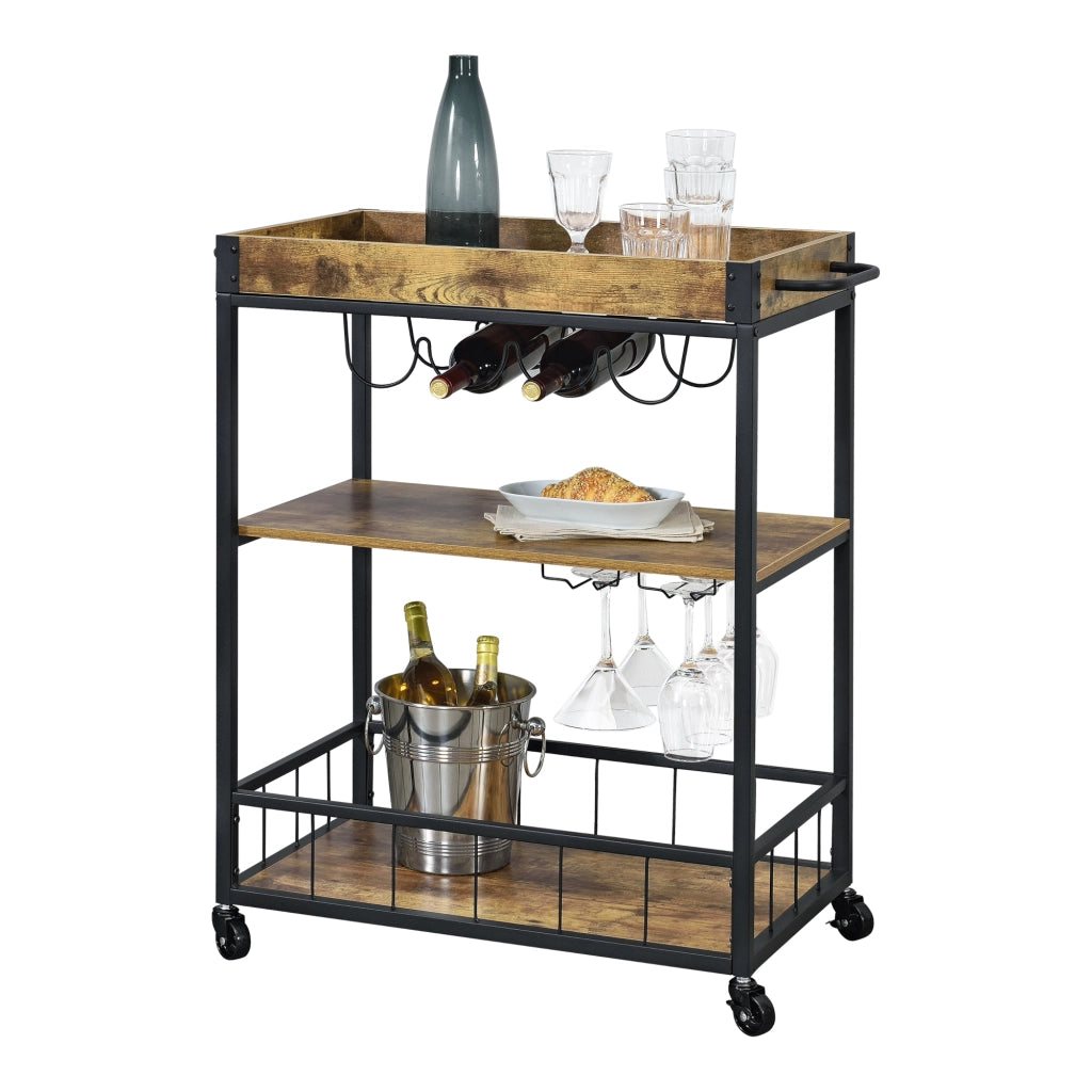 Carrello di Servizio con Vassoio Rimovibile e Ripiani in Color Legno Scuro Scaffale/Portavivande da Cucina/Mense con 4