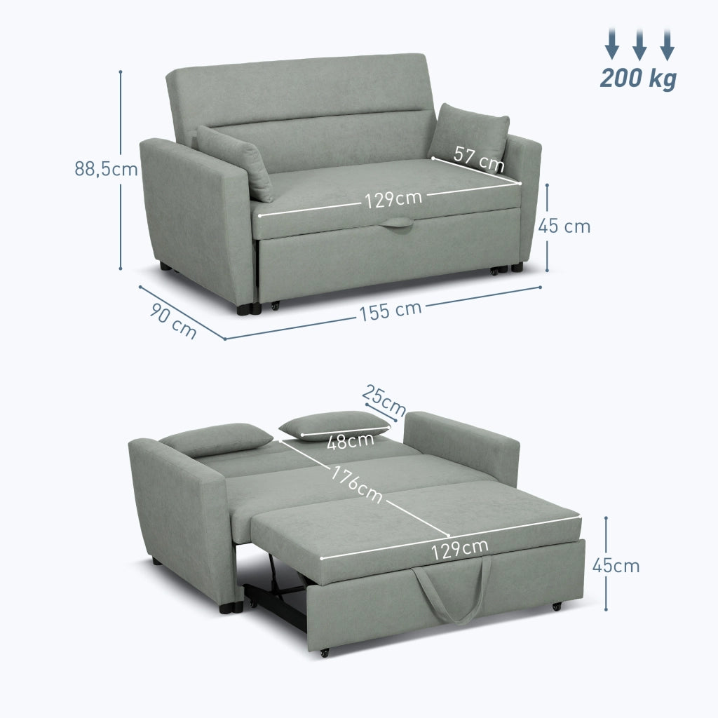 Divano letto 2 posti con schienale regolabile e cuscini vano contenitore in tessuto grigio chiaro 155 × 90 × 88,5 cm