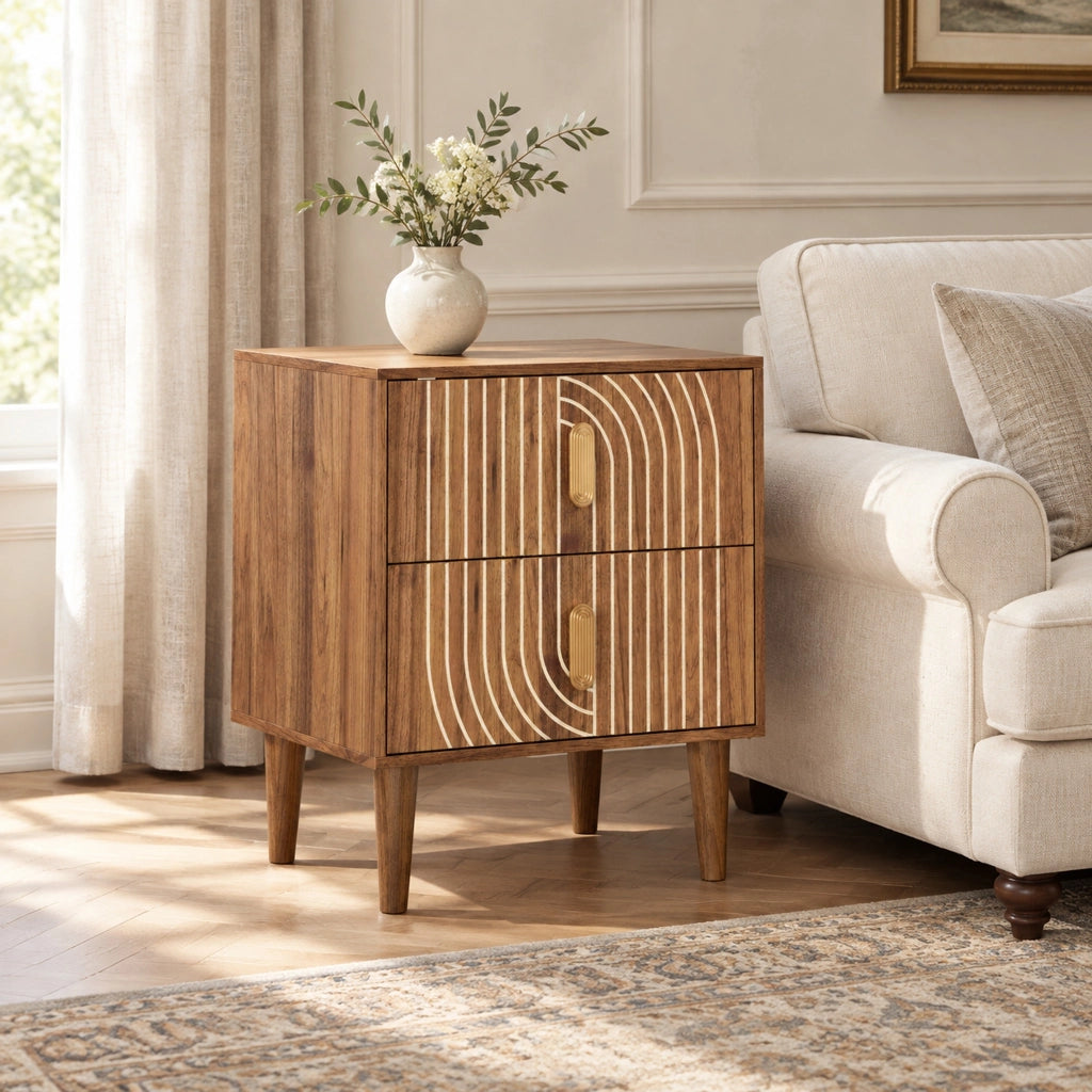 Comodino boho con 2 cassetti; inserti geometrici e gambe in legno; marrone noce