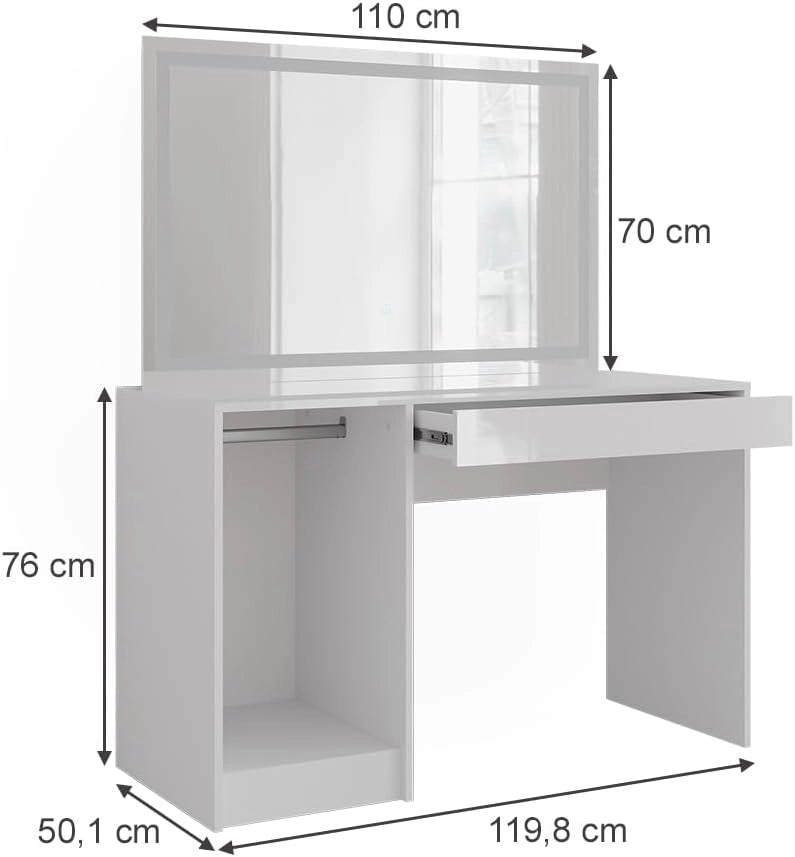 Tavolo da toeletta Sherry, Bianco/bianco lucido, 119.8 cm con specchio LED, adatto per la conservazione ordinata di articoli cosmetici
