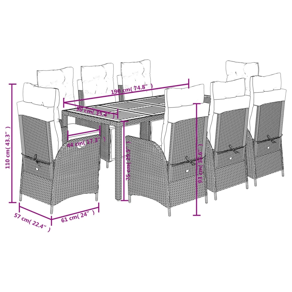 Set da Pranzo da Giardino 9 pz con Cuscini Nero in Polyrattan