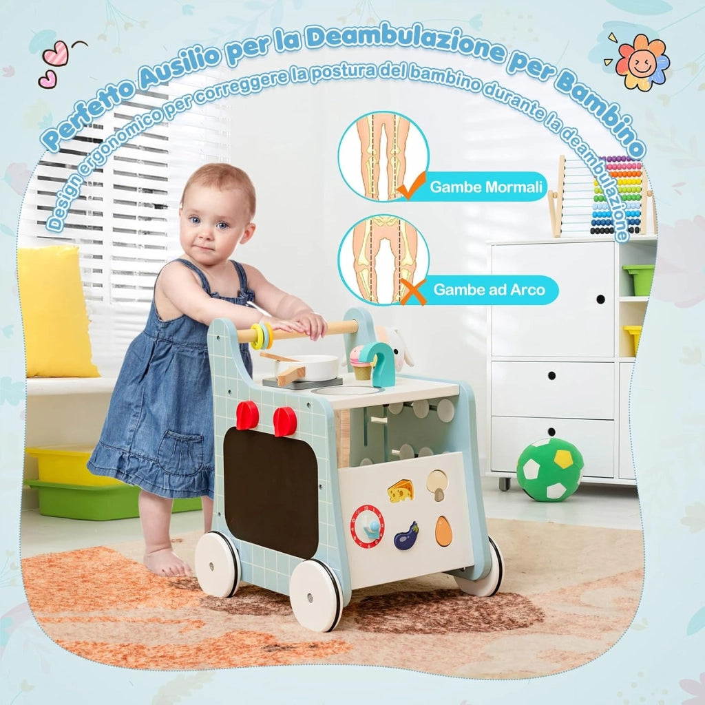 Girello per Bambini 6 in 1, Carrellino Primi Passi per Bmbini in Legno, con Cucina Giocattolo, Gioco Educativo con Ruote per Bambini 12 Mesi + (Blu)