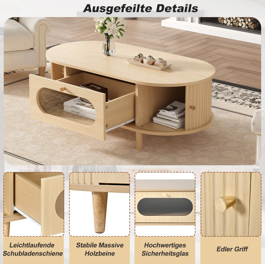 Tavolino da salotto 100x50x36 cm in MDF effetto legno; con cassetto e ante a serranda; oak