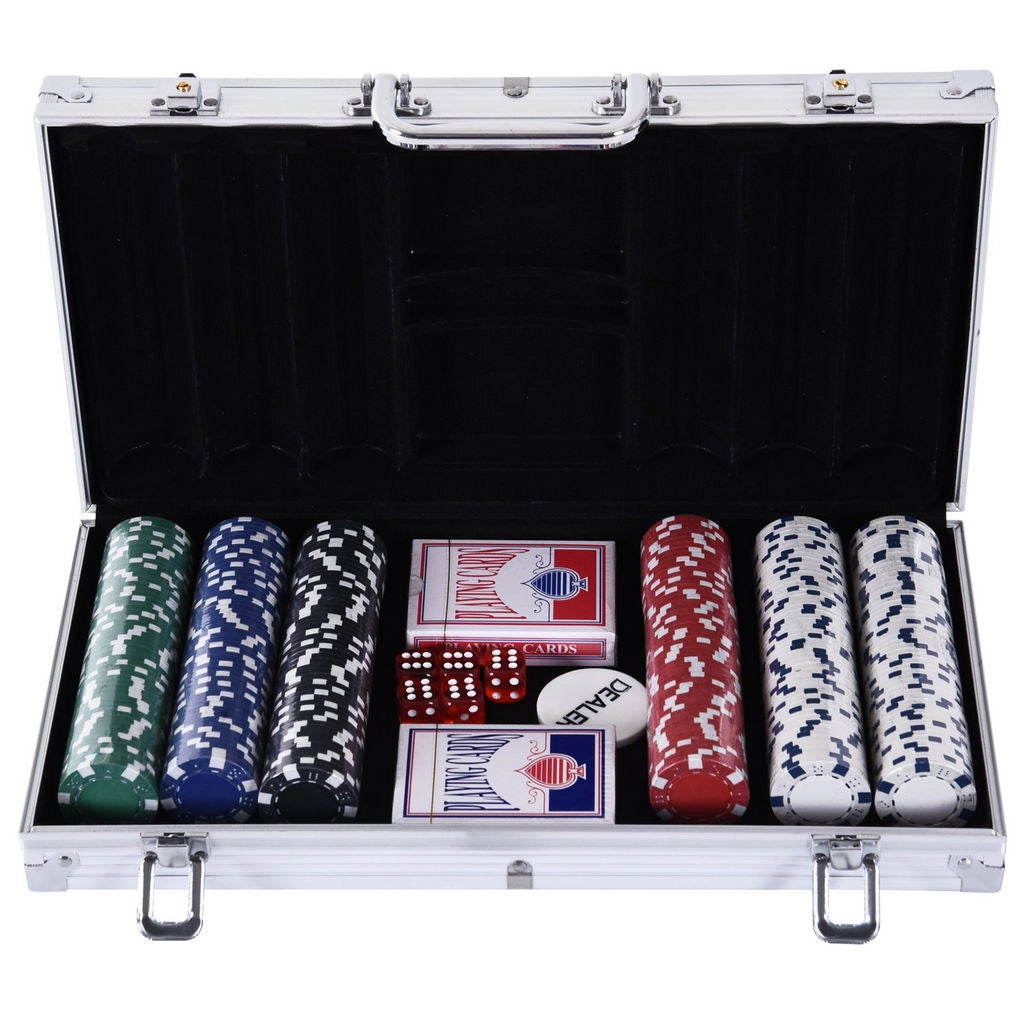 VALIGETTA POKER PROFESSIONALE IN ALLUMINIO, SET CON 300 FICHES E 2 MAZZI PER TEXAS HOLD'EM E BLACKJACK