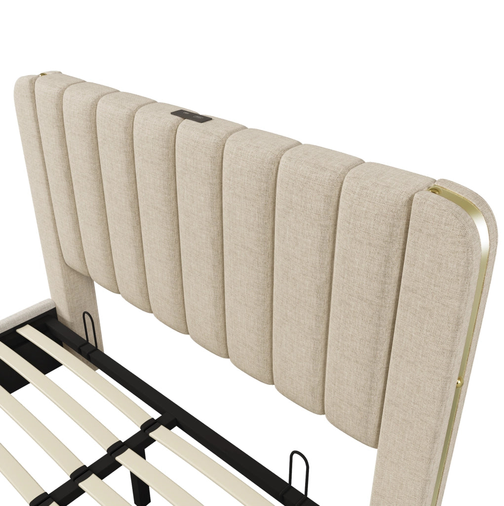 Letto matrimoniale imbottito 140x200 cm in lino beige con USB Type-C; contenitore e materasso H3