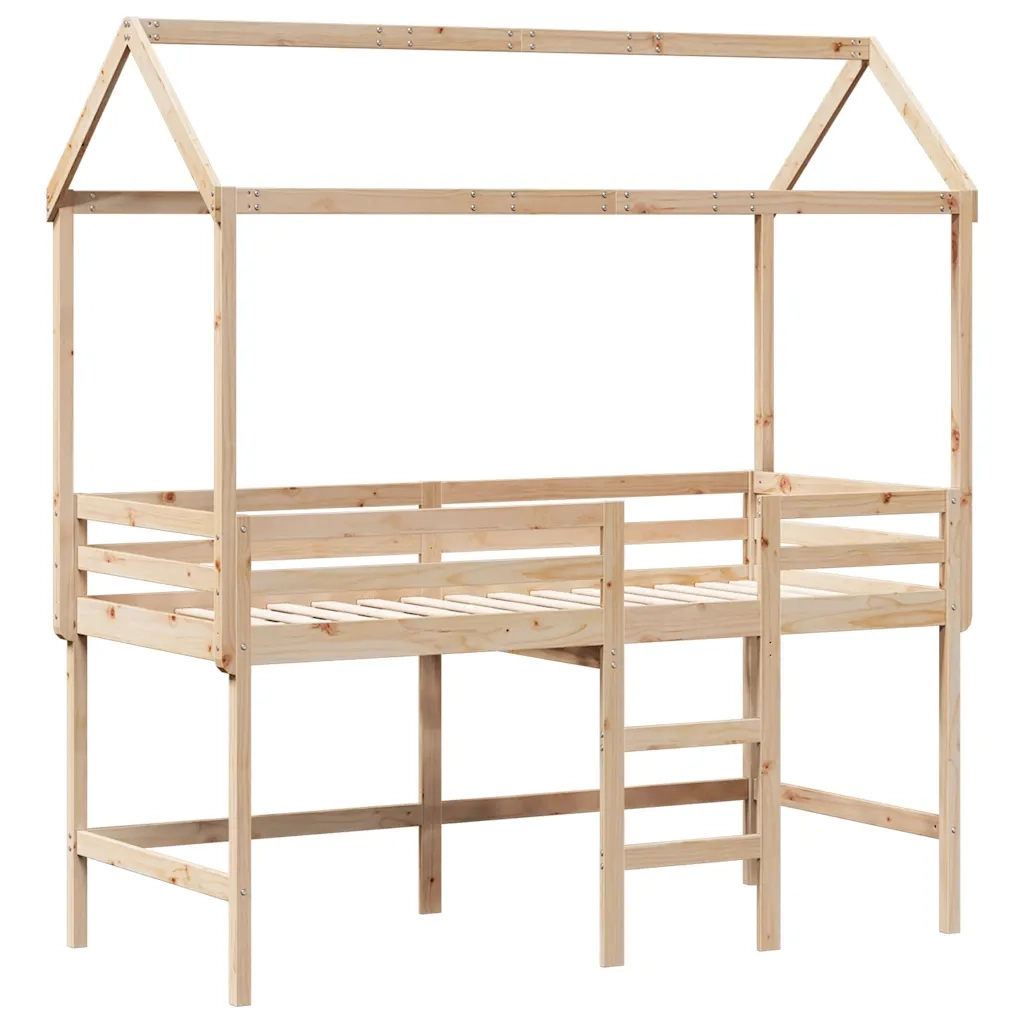 Letto Soppalco con Scala e Tetto 90x190 cm Legno Massello Pino