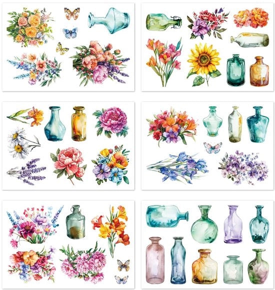 Sticker per vas e fiori per finestra autoadesivi 20cm x 30cm, 6 fogli con 46 motivi, decorativi e rimovibili per la casa e l'ufficio