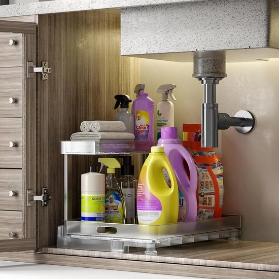 Organizzatore per rubinetti, organizzatore per cucina, 2 livelli sotto lavabo, organizzatore estensibile, piastra sotto l'ellettrica, per bagno, cucina, organizzatore per detergenti, trasparente bianco