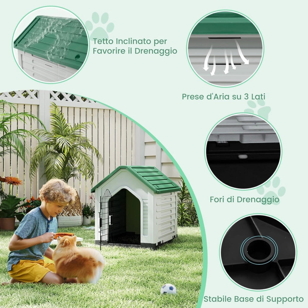 Cuccia per Cani da Esterno ed Interno, Cassetta per Cani Impermeabile con Porta in Metallo Bloccabile e Prese d'aria e Tetto Spiovente, Cucce per Cuccioli per Casa, 66,5 x 52 x 60 cm (Verde)