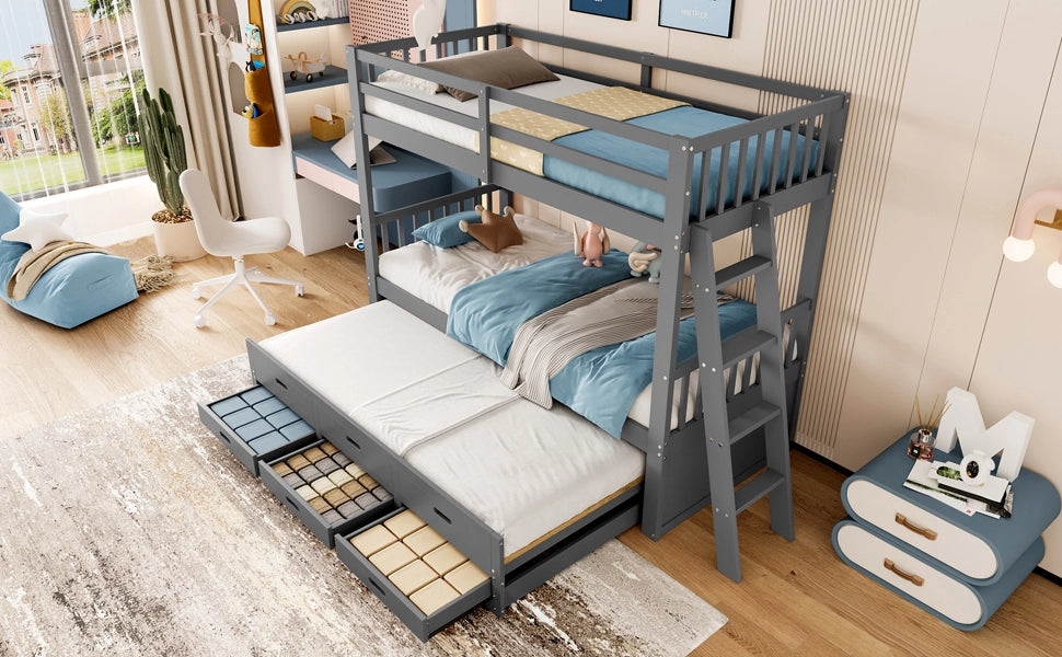 DESMIU Lit a castello per bambini 90 × 200 cm 3 posti con 3 cassetti e letto estraibile, senza materasso, grigio