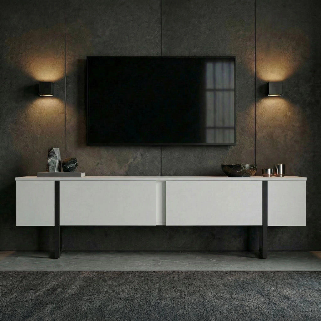Porta TV in legno "Onera" - 180 x 30 x 45 cm - Bianco-Nero