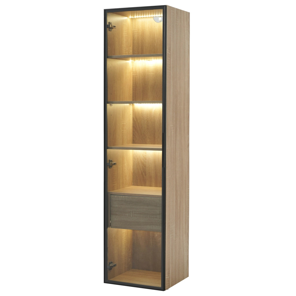 Armadietto da bagno compatto con vani aperti e anta in vetro temperato, per bagno e soggiorno, in MDF, naturale