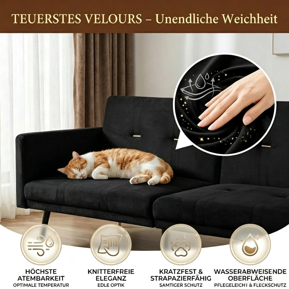 Divano letto 2 posti convertibile con schienali regolabili indipendenti in 5 posizioni velluto nero 164 × 89 × 70 cm