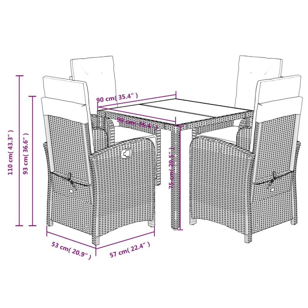 Set da Pranzo da Giardino 5 pz Nero con Cuscini in Polyrattan