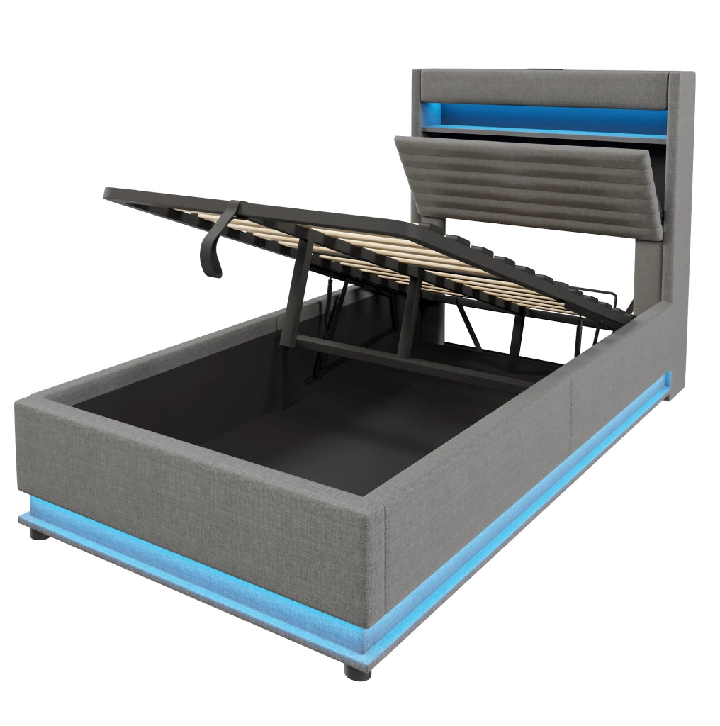 Letto imbottito 90x200 cm con contenitore; LED e ricarica USB Type-C in lino grigio